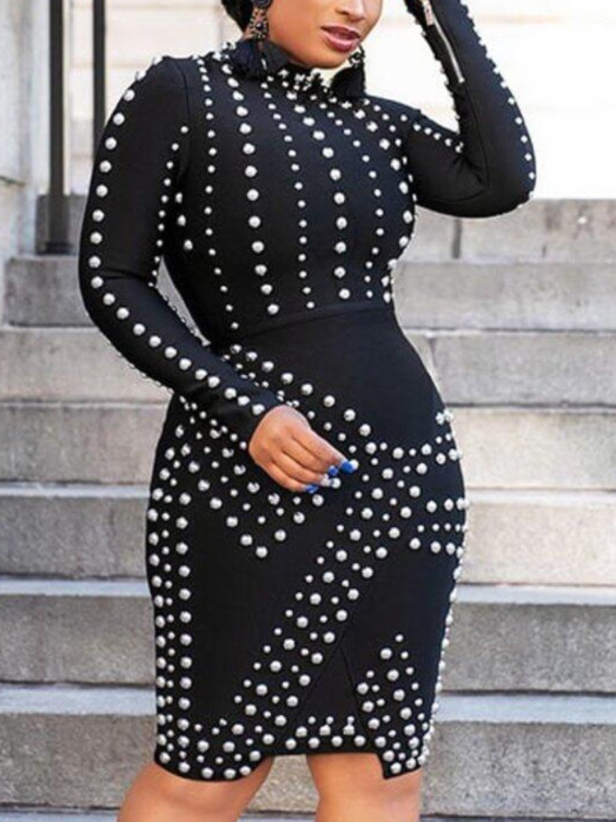 

LW Pearl Decor Bodycon Prom Dress, Black