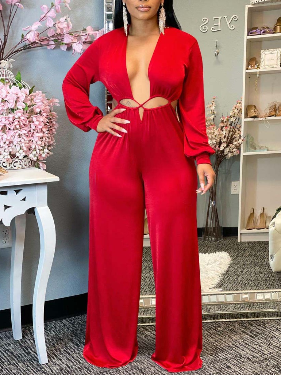 

LW Bandage Hollow-out Design Jumpsuit, Red