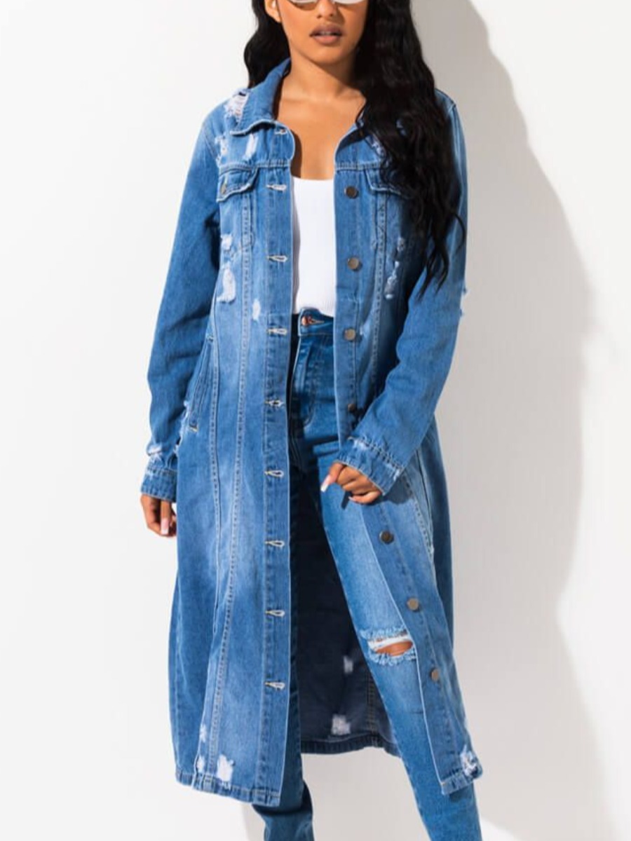 

LW Pocket Design Ripped Denim Coat, Blue