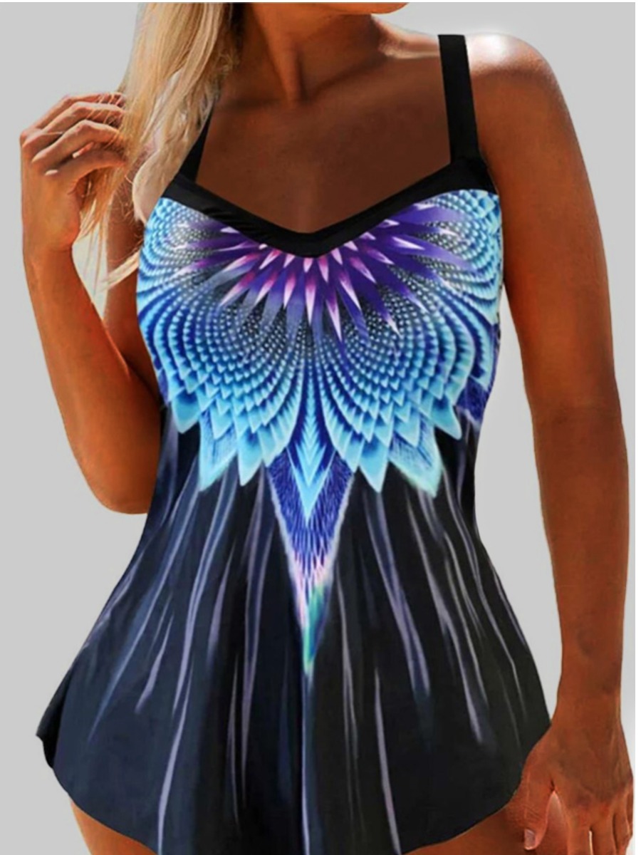 

LW Plus Size Square Neck Mixed Print Tankini, Blue