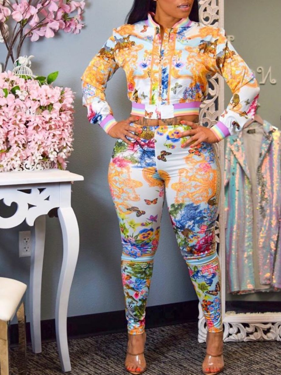 

LW SXY Zip Up Mixed Print Pants Set, Multi