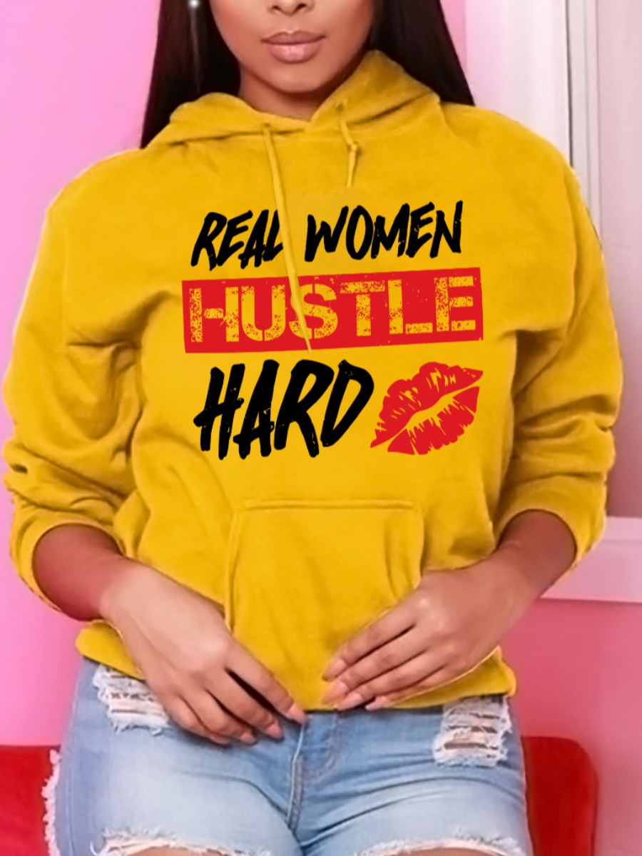 

LW Plus Size Lip Letter Print Hoodie, Yellow