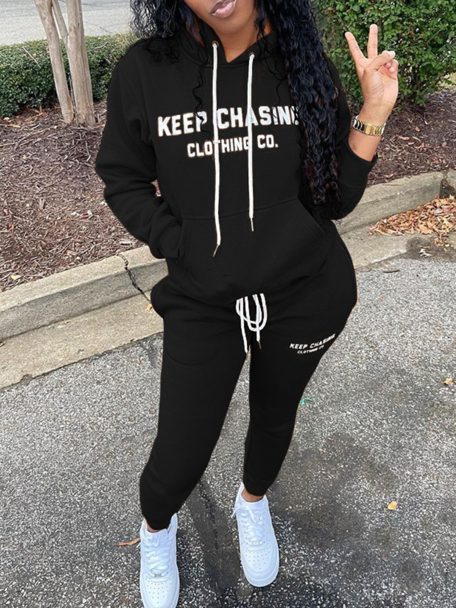 LW Letter Print Drawstring Tracksuit Set
