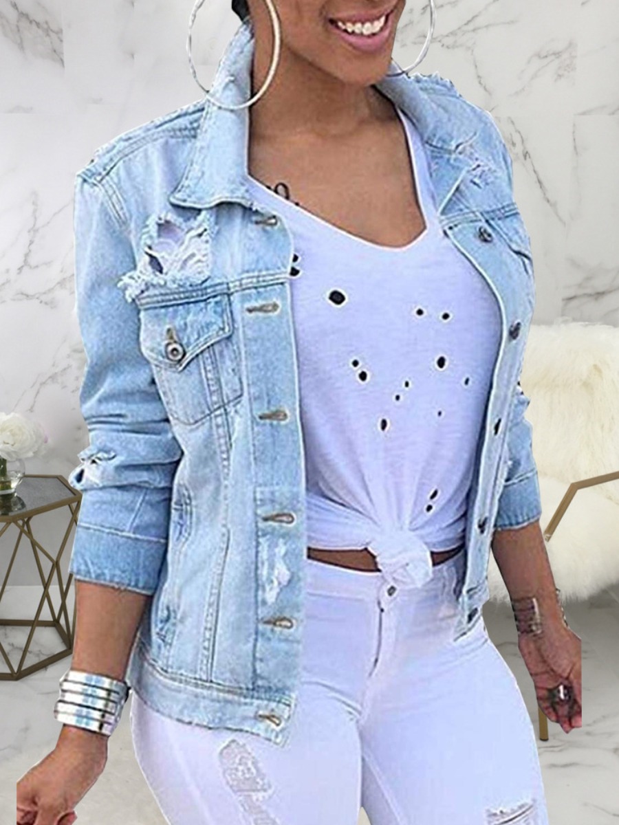 

LW Turndown Collar Ripped Denim Jacket, Baby blue