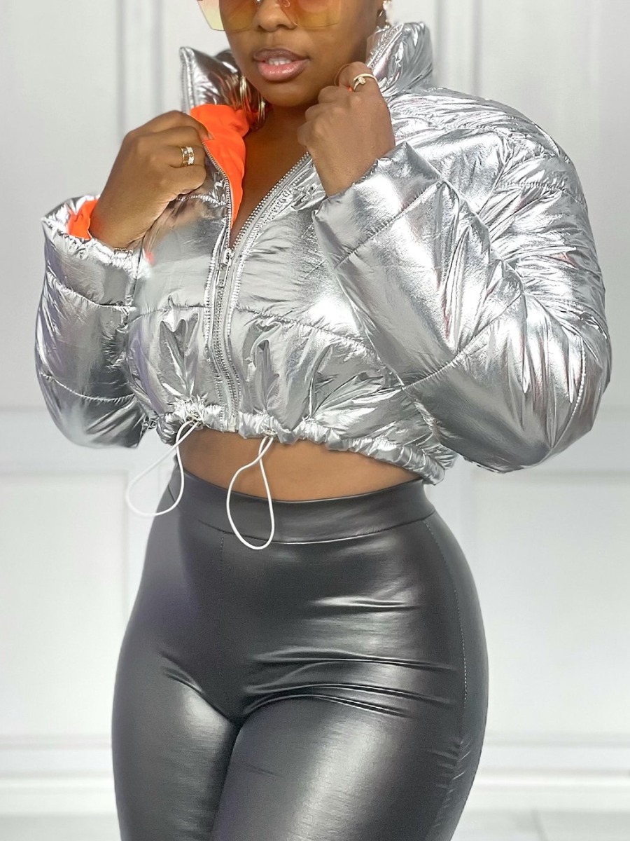 

LW Zipper Design Drawstring Puffer Jacket, Silver