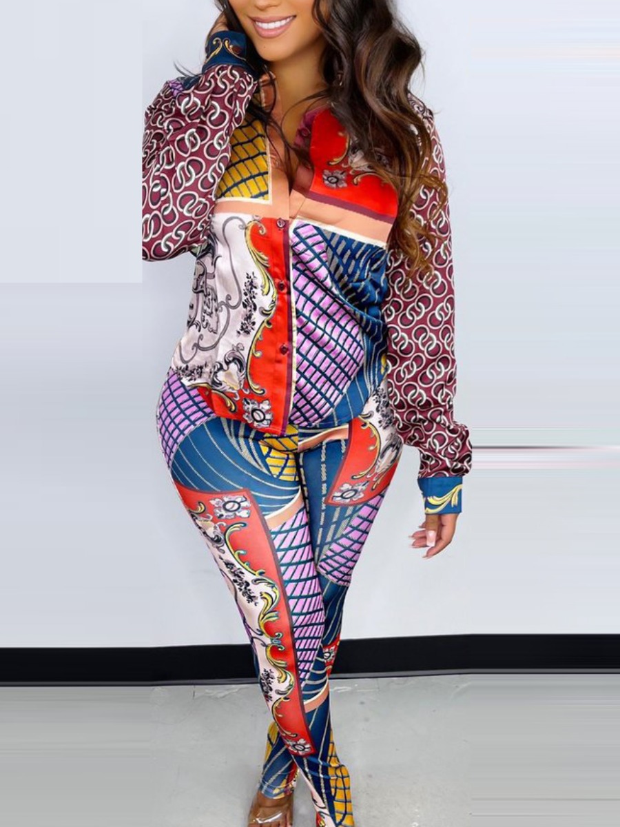 

LW Mixed Print High-waisted Pants Set, Red