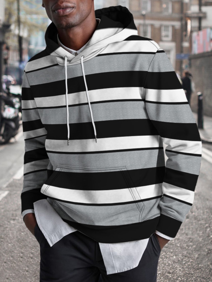 

LW Men Striped Kangaroo Pocket Hoodie, Black stripe