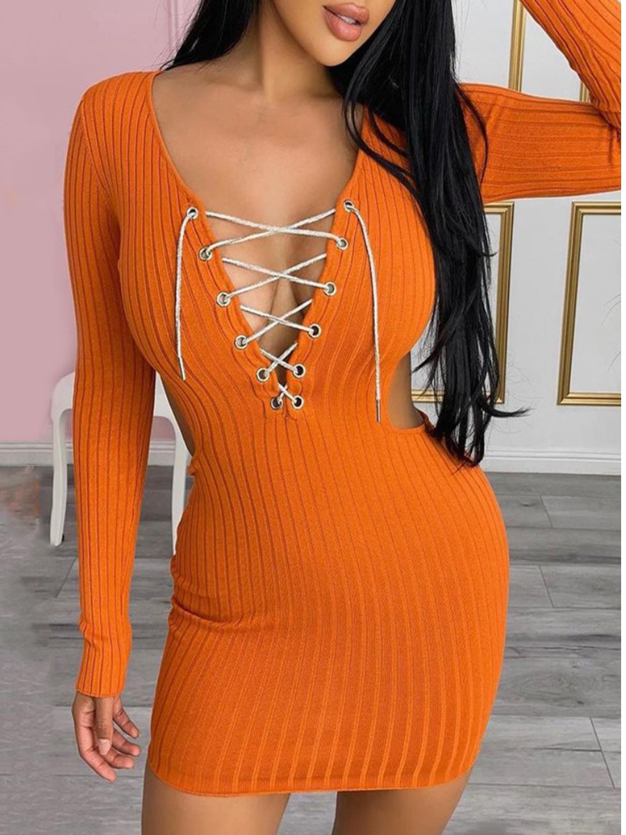 

LW SXY Lace Up Rib Knitted Bodycon Dress, Orange