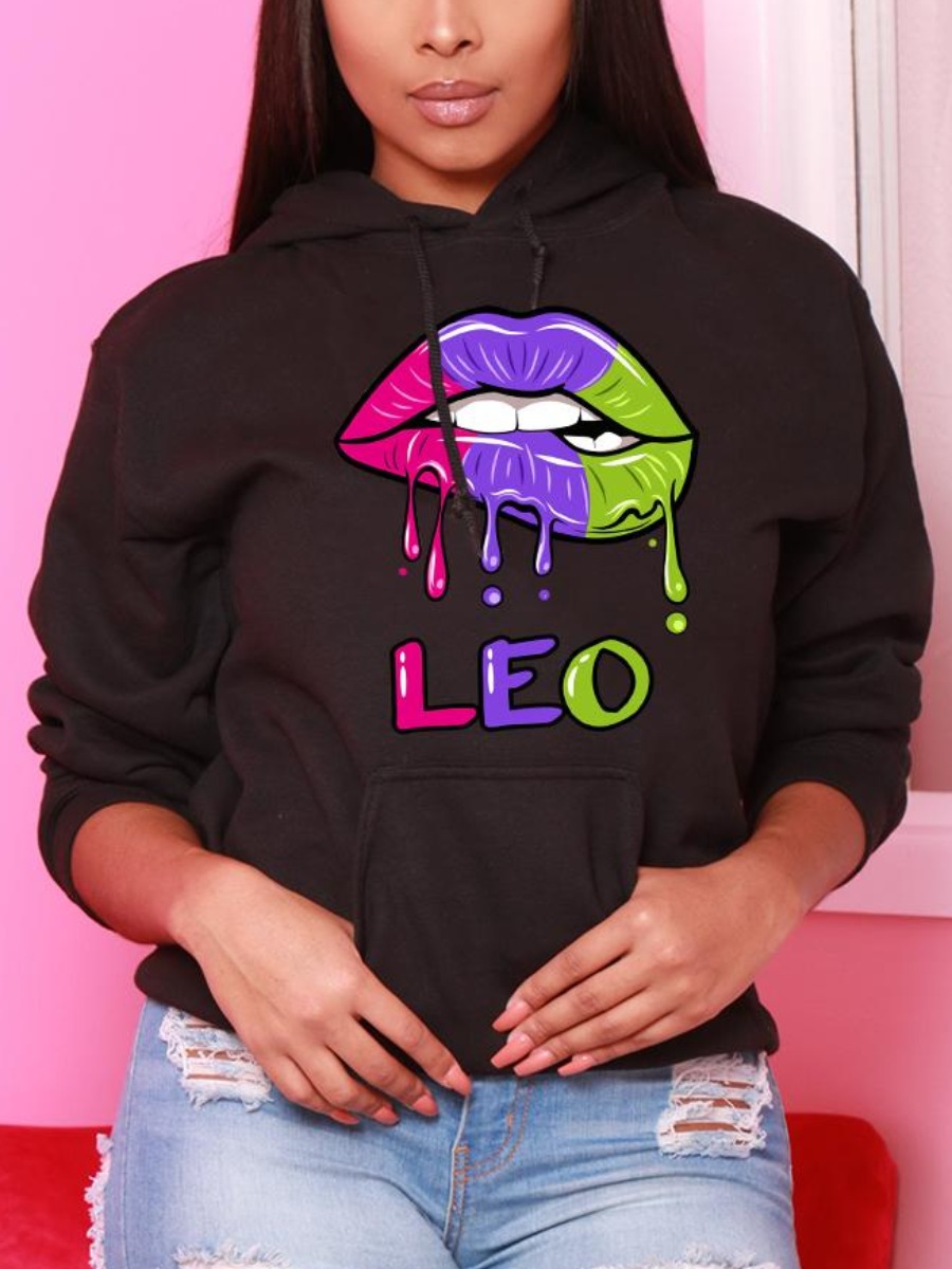 

LW Lip Letter Print Hoodie, Black