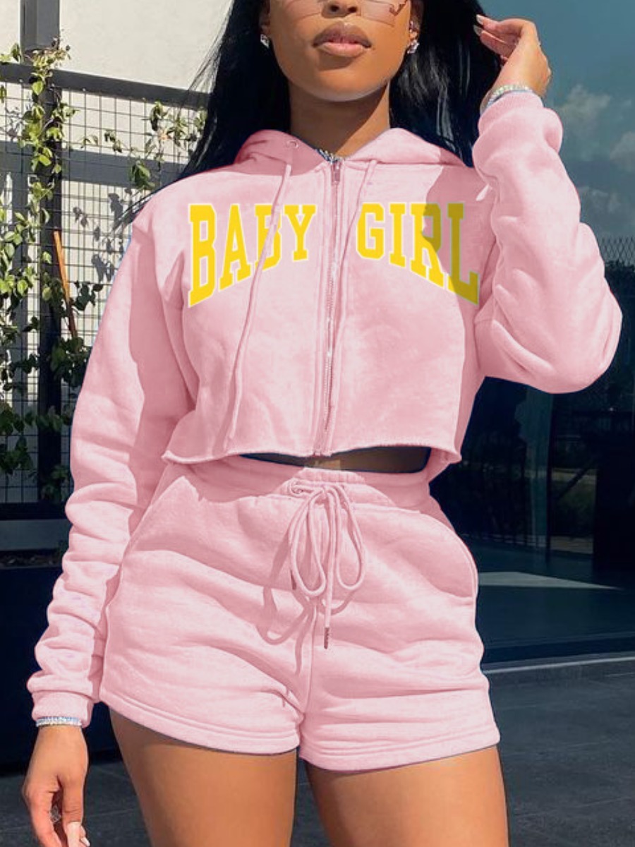 

LW Letter Print Drawstring Shorts Set, Pink