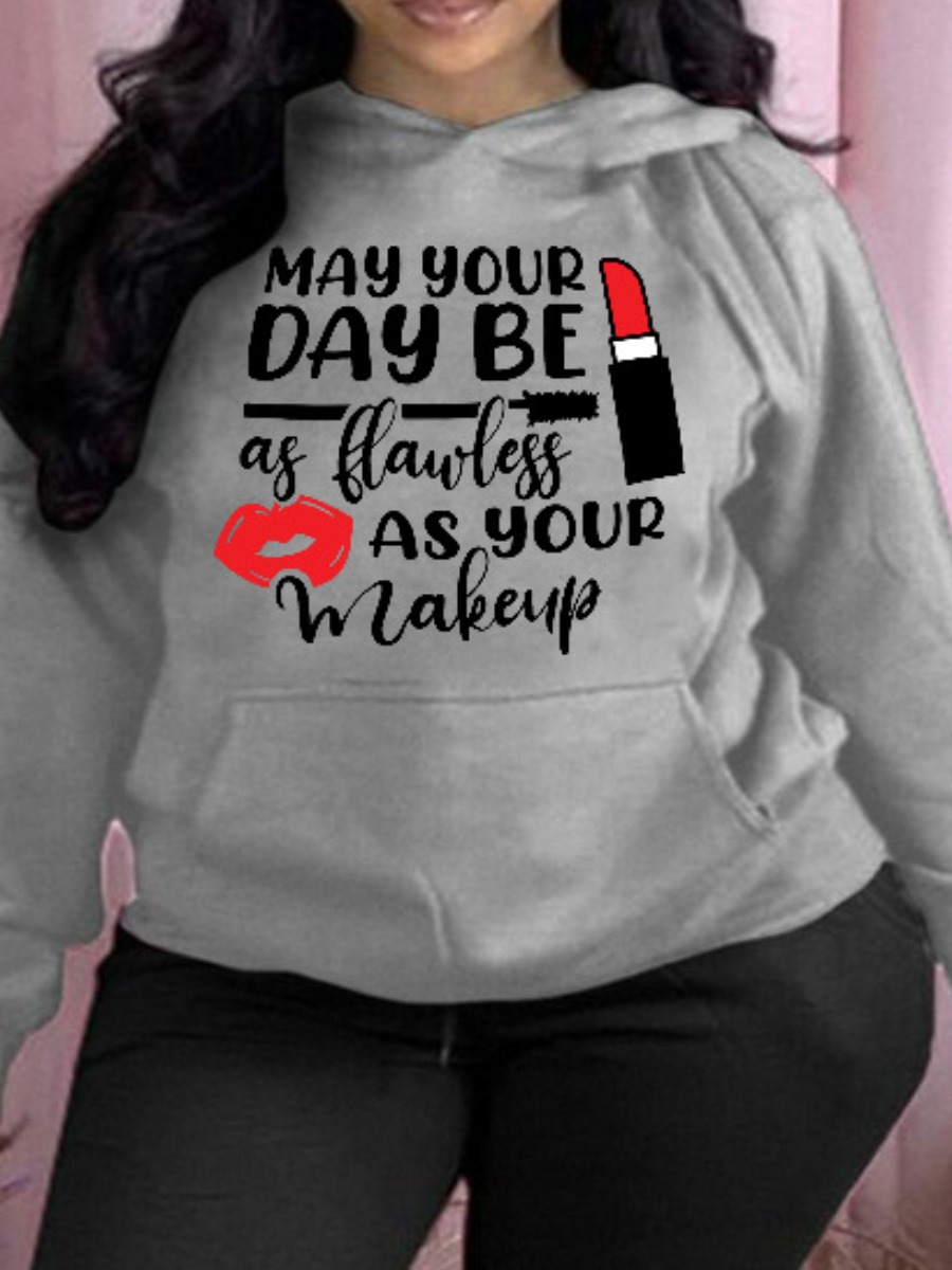 

LW Lip Letter Print Oversized Hoodie, Grey