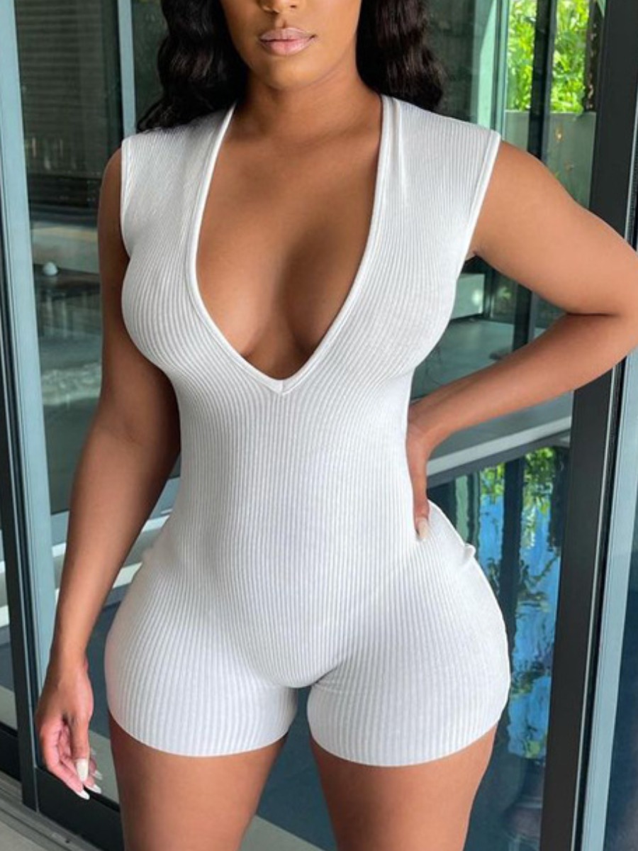 

LW BASICS V Neck Rib-Knit Romper, White