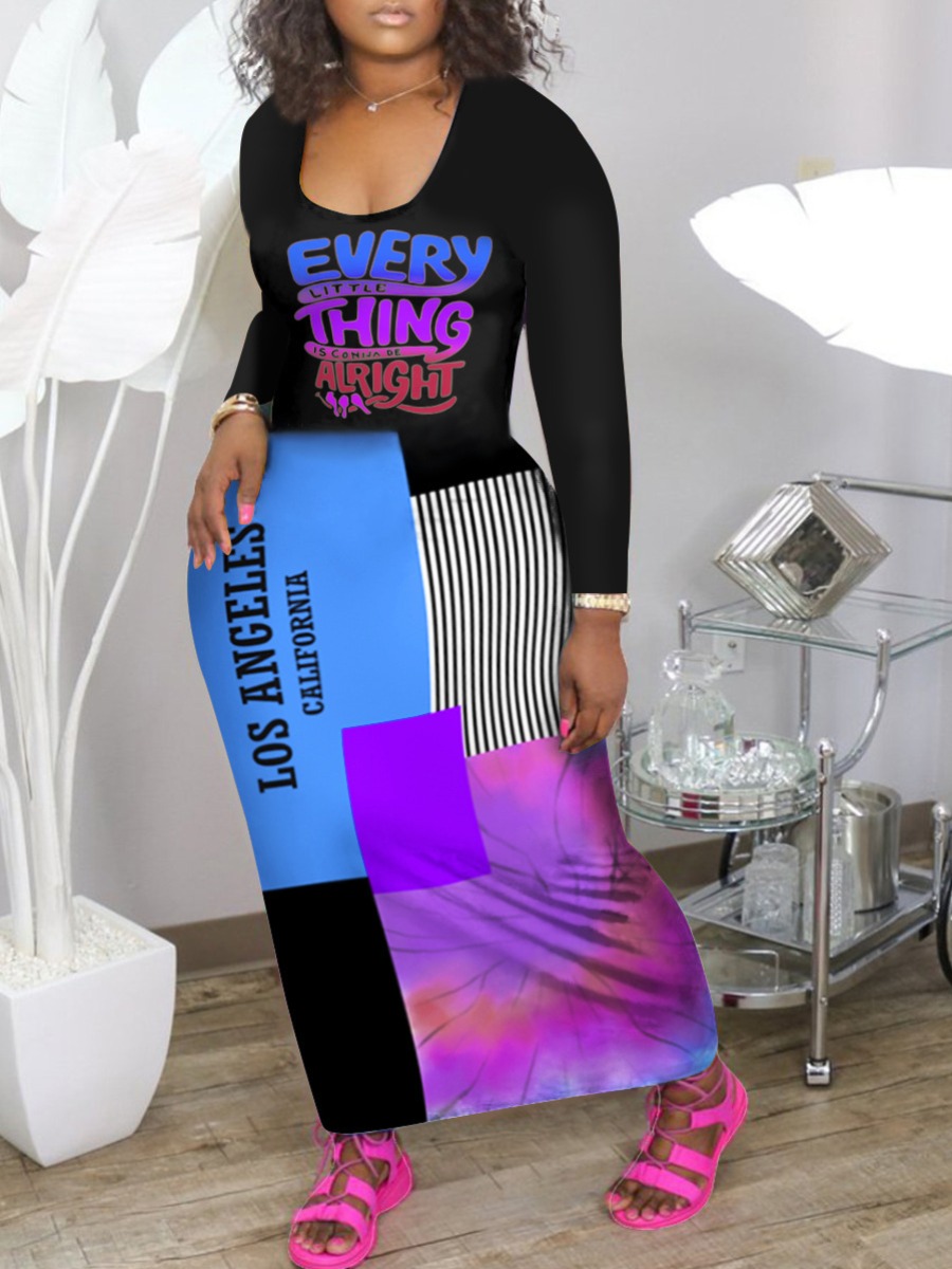 

LW BASICS Plus Size Letter Print Tie-dye Bodycon Dress, Purple