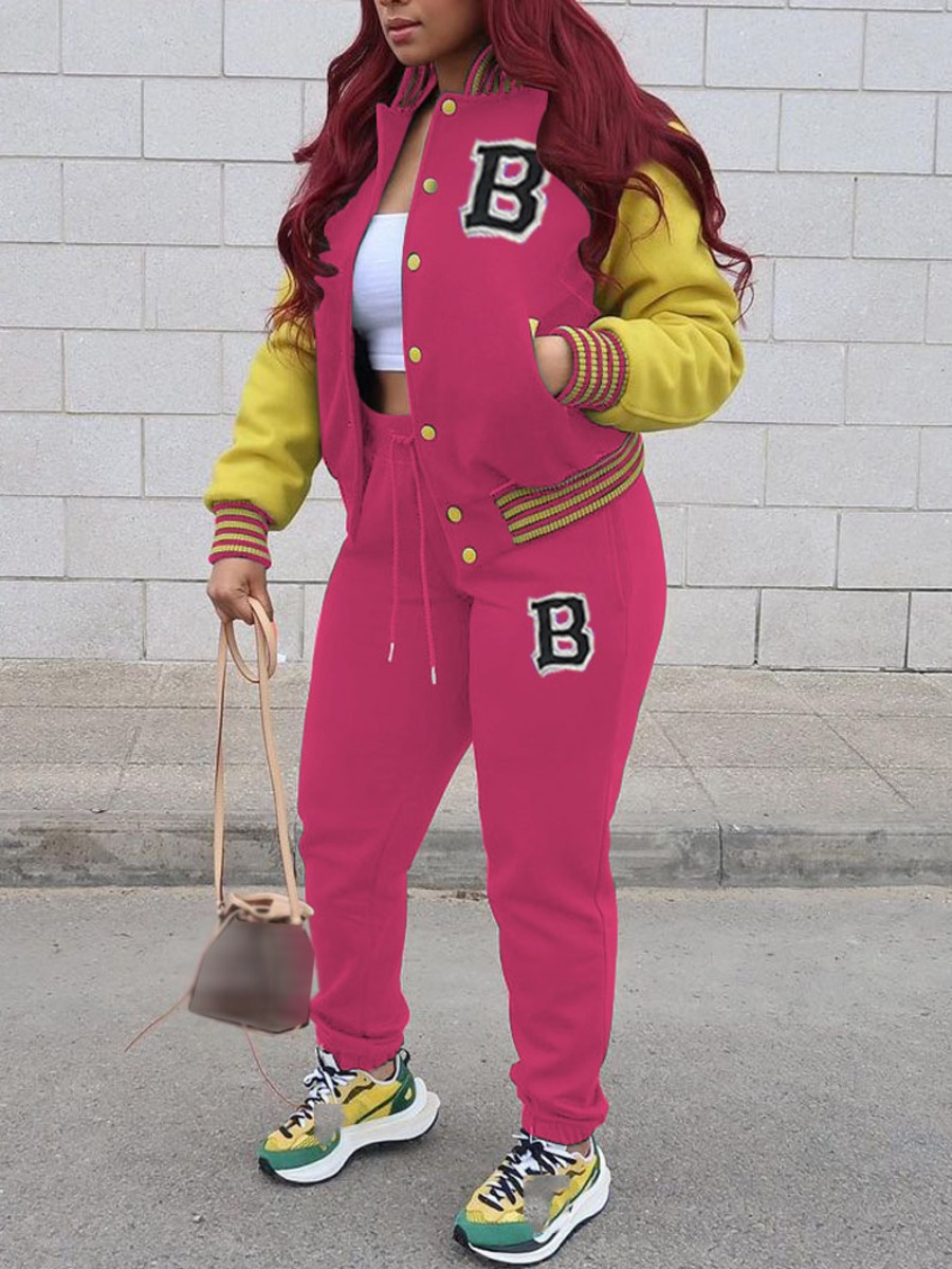 

LW Letter Decor Striped Tracksuit Set, Rose red