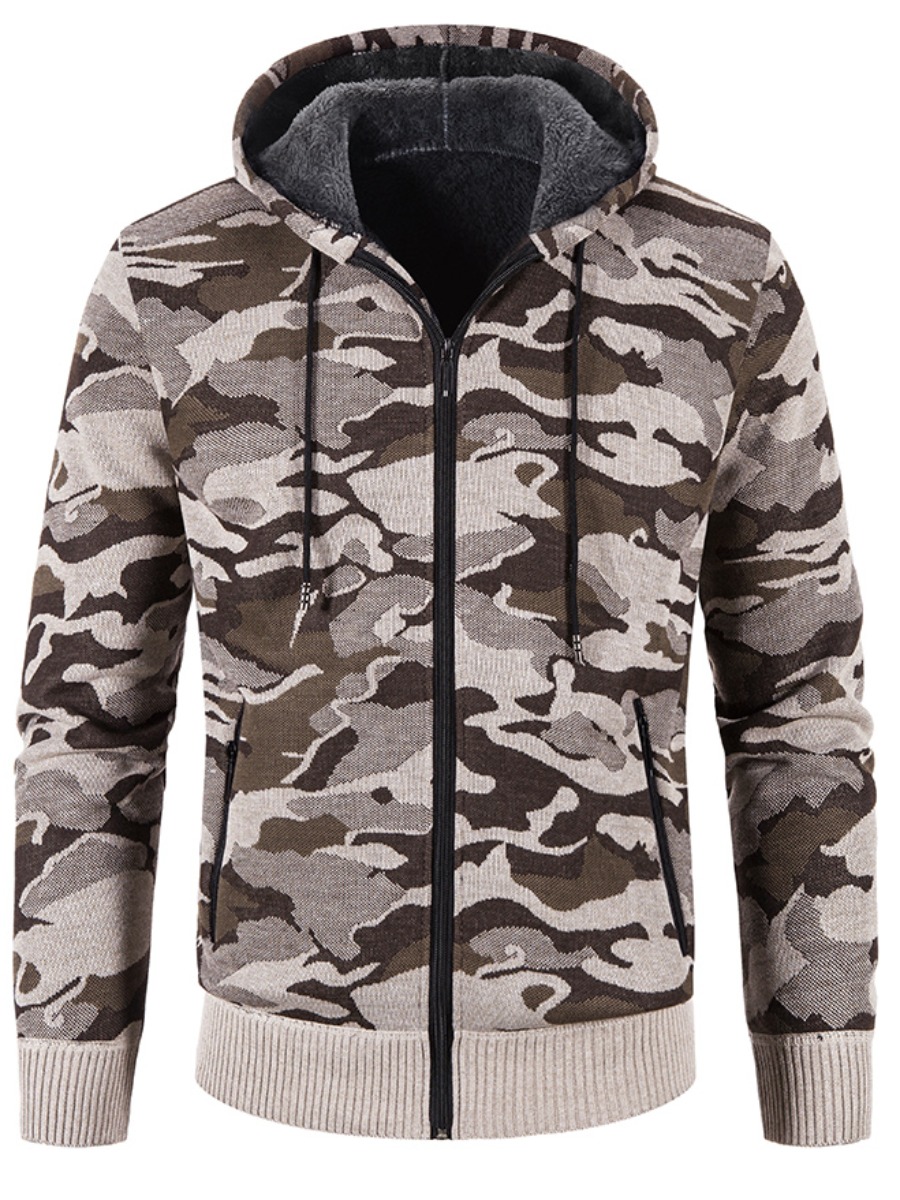 

LW COTTON Men Hooded Collar Camo Print Sweater, Beige