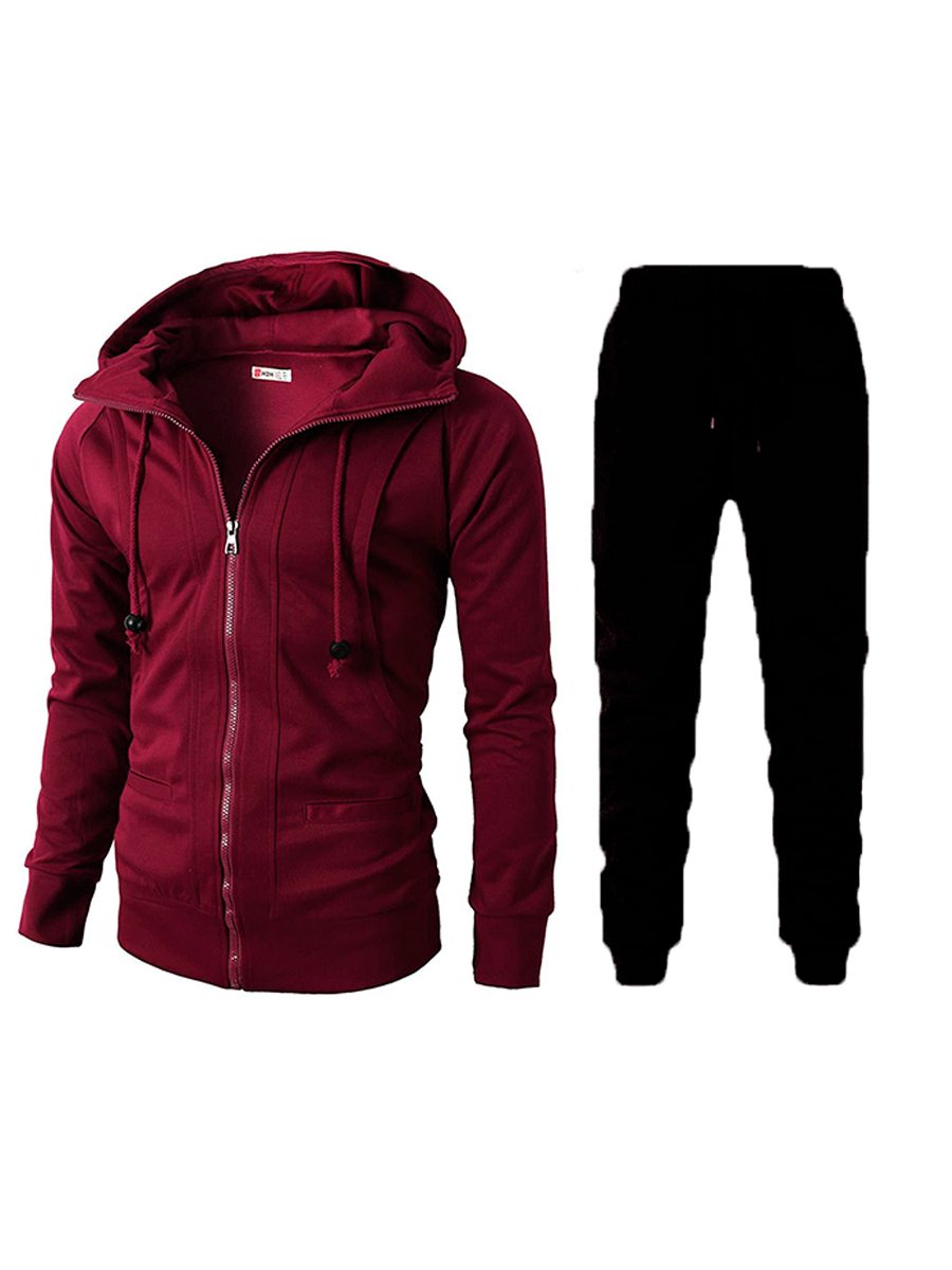 

LW COTTON Men Hooded Collar Zipper Design Tracksuit Set, Wine red