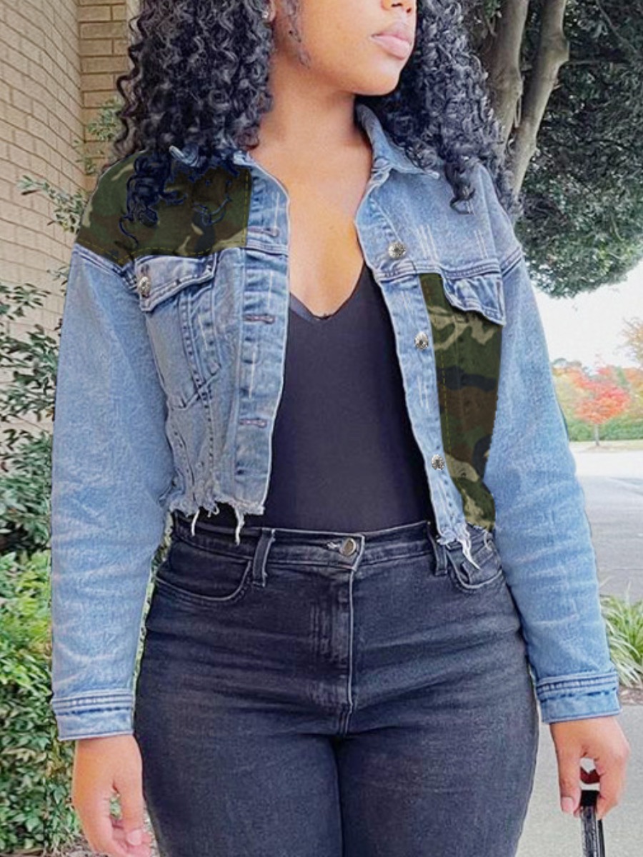 

LW Camo Print Raw Edge Denim Jacket, Baby blue