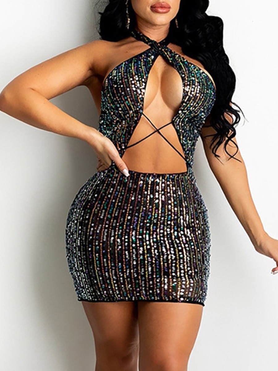 

LW SXY Sequined Backless Prom Dress, Black