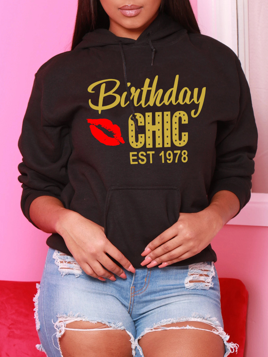 

LW Lip Letter Print Hoodie, Black