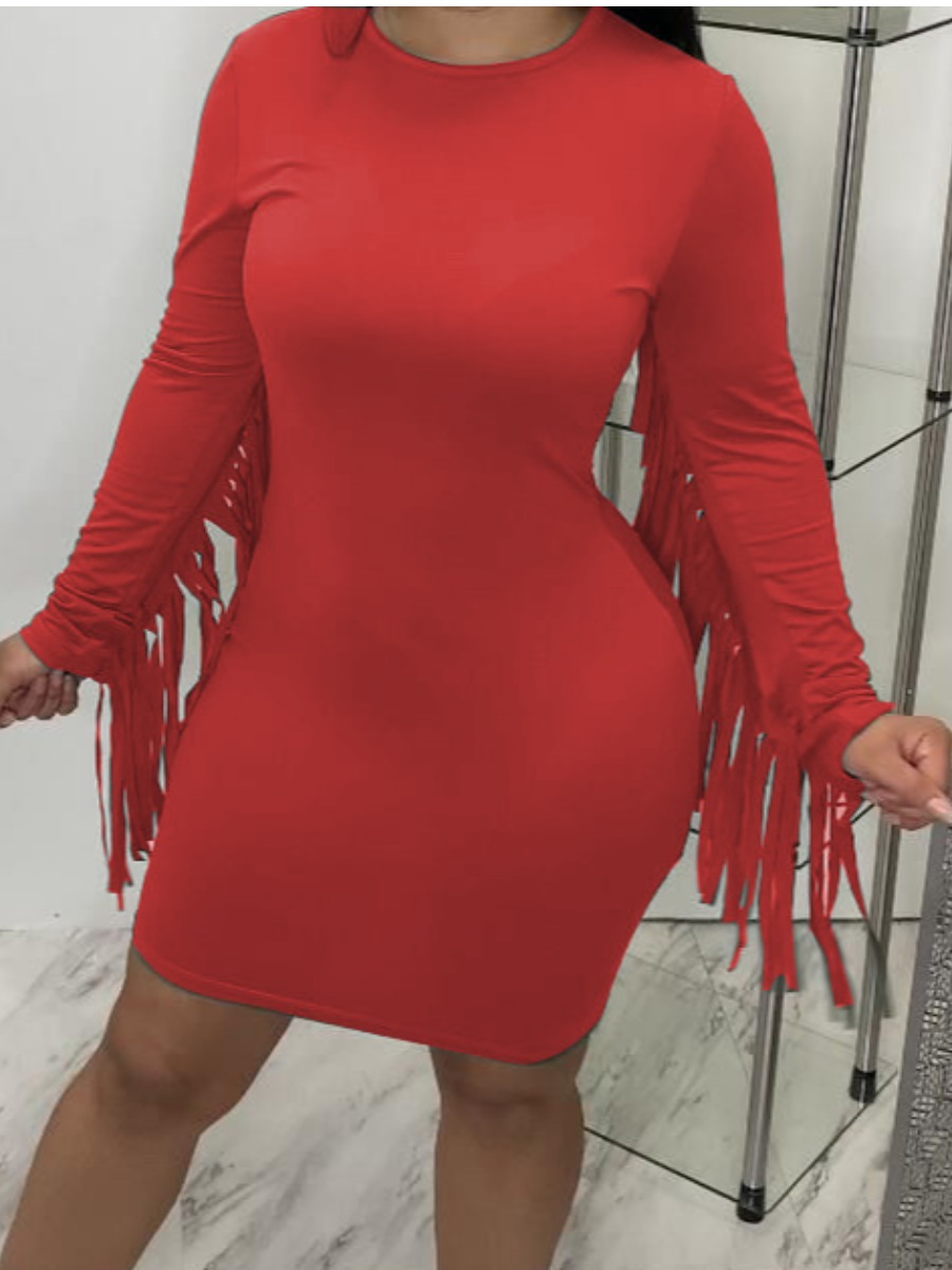 

LW Round Neck Tassel Design Bodycon Dress, Red