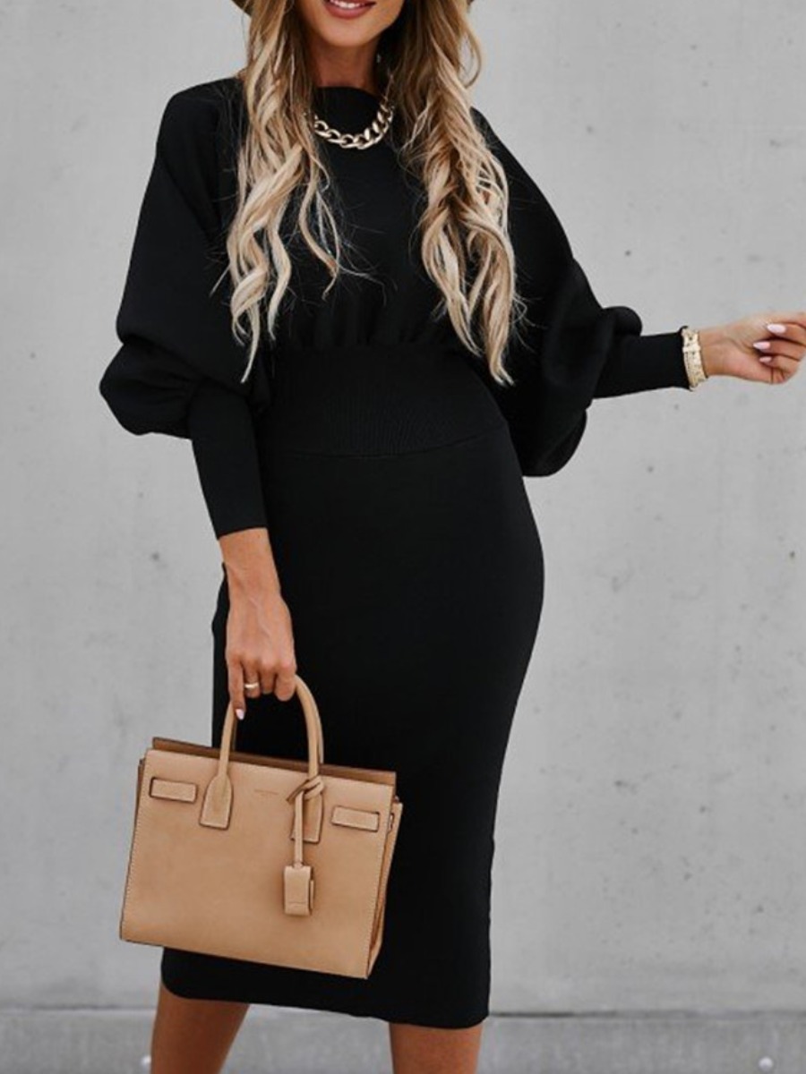 

LW Round Neck Lantern Sleeve Bodycon Dress, Black