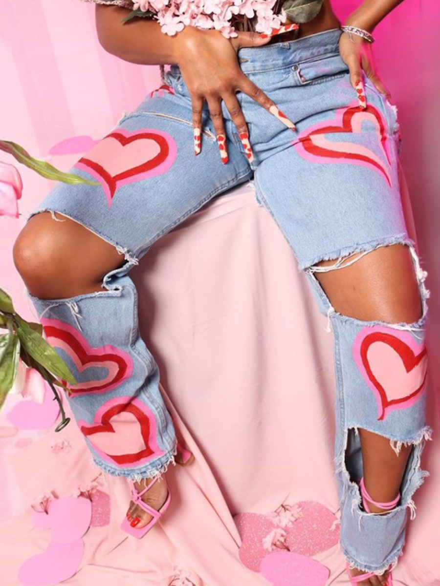 

LW Heart Print Ripped Jeans, Pink