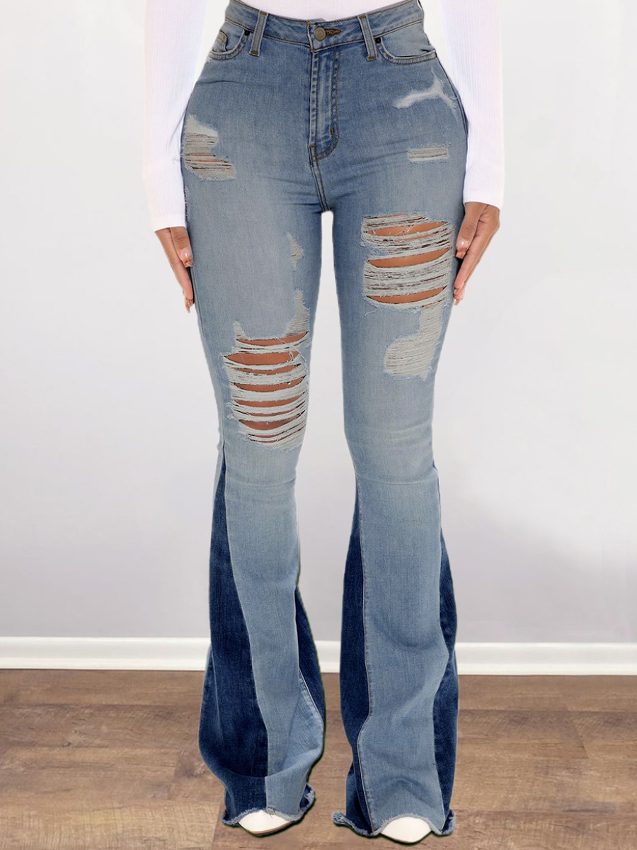 

LW Ripped Flare Leg Patchwork Jeans, Baby blue