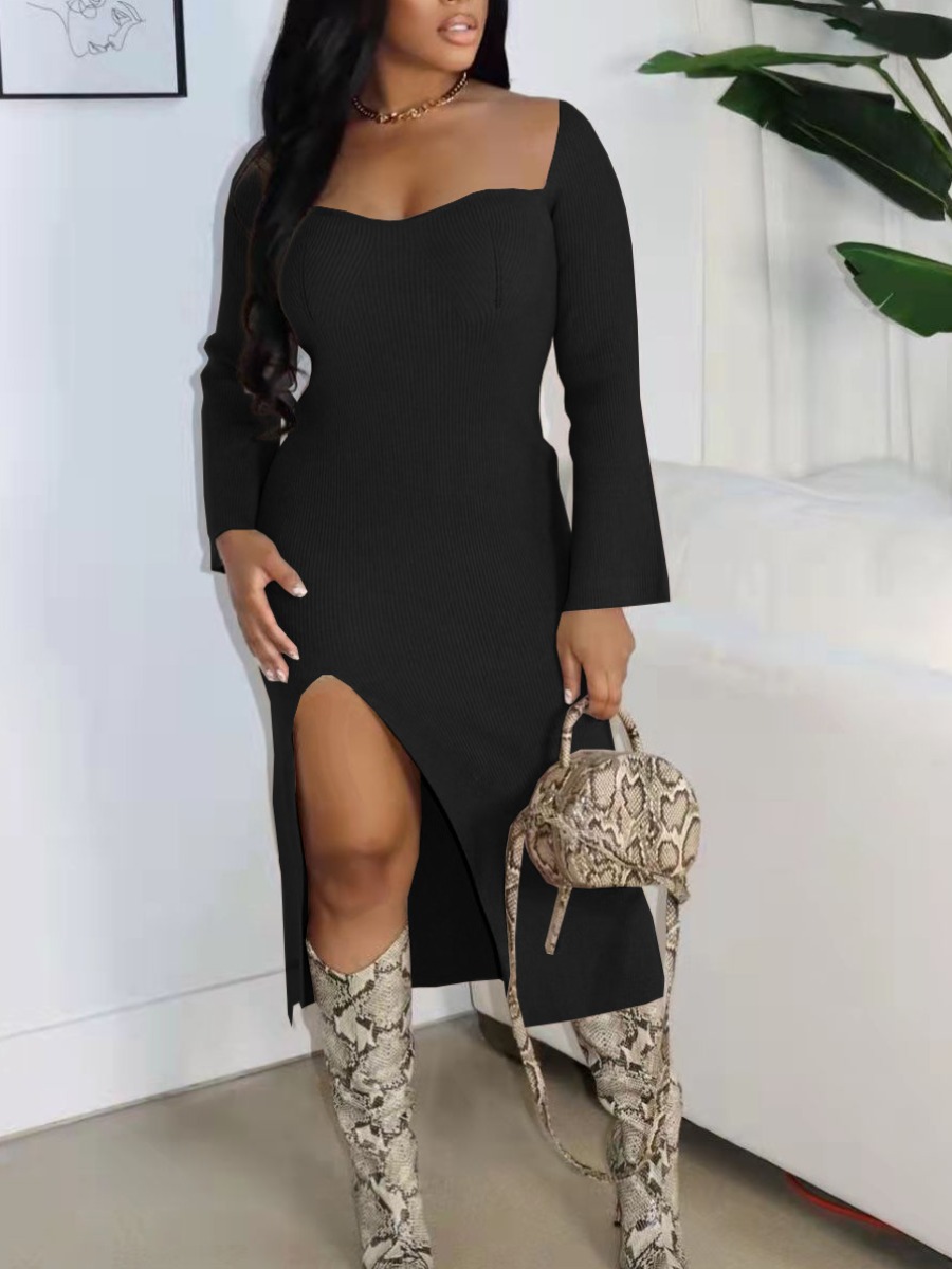 

LW SXY Rib-Knit Slit Bodycon Dress, Black