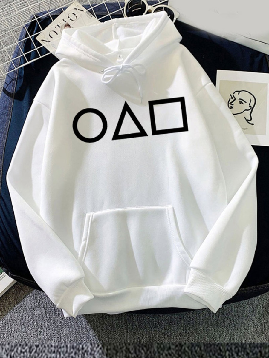 

LW Game Invite Stickers Geometric Print Kangaroo Pocket Hoodie, White