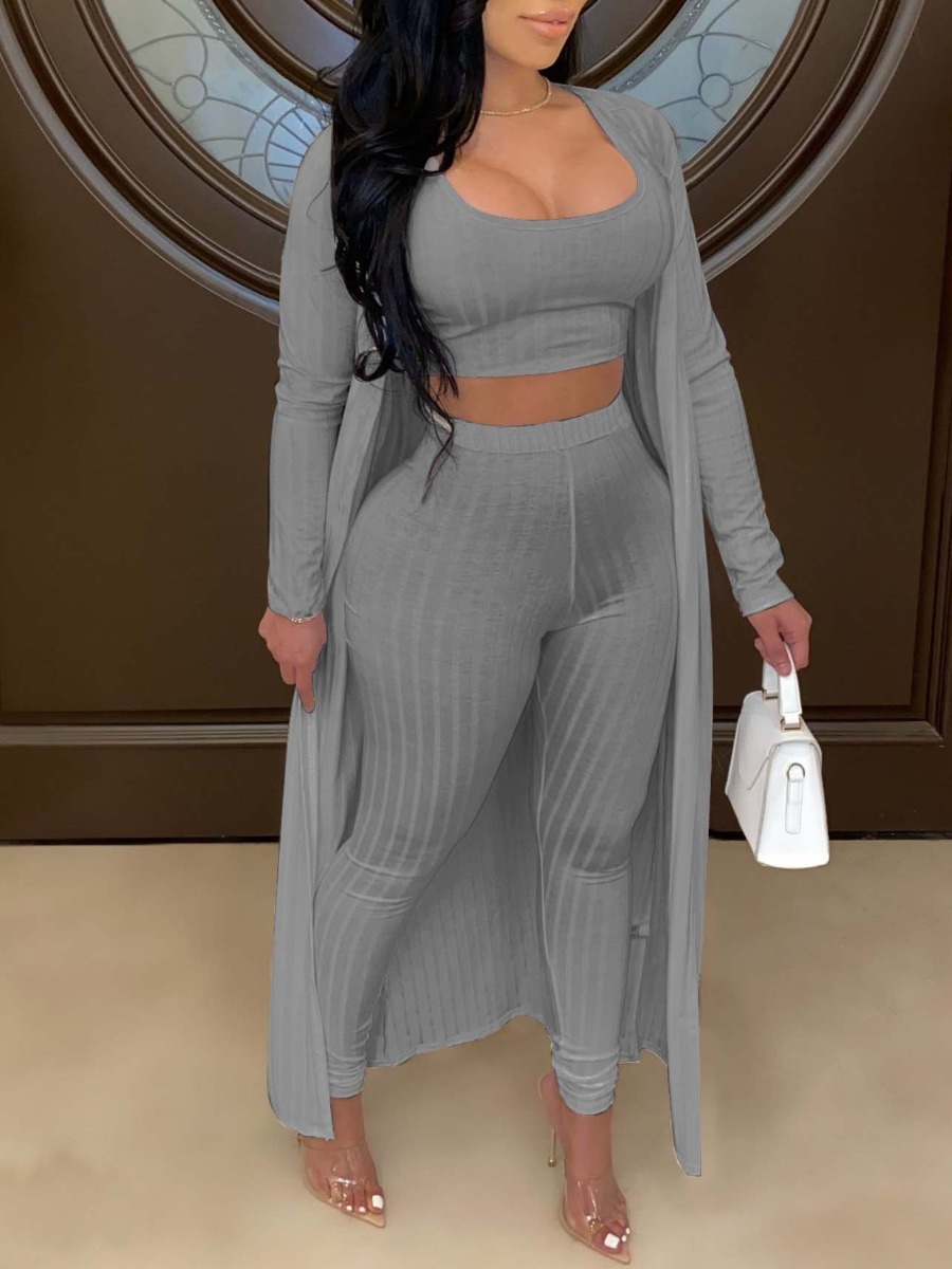 

LW U Neck Skinny Three-piece Pants Set, Grey