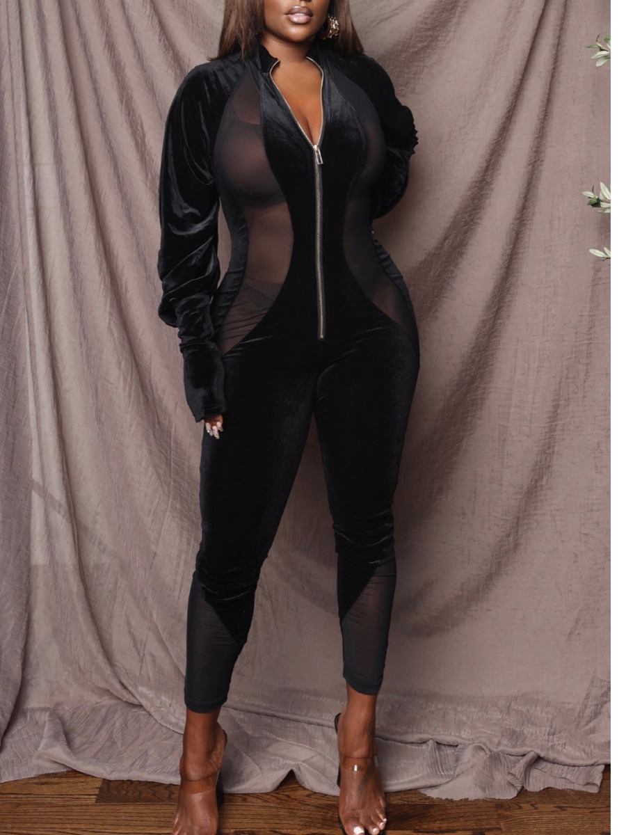 

LW SXY See-through Zipper Design Jumpsuit, Black