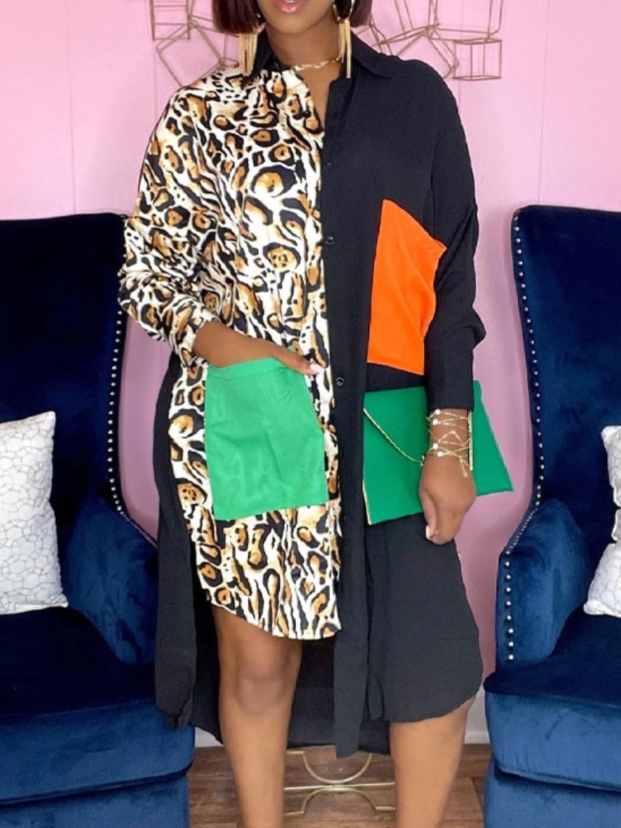 

LW Pocket Design Patchwork Leopard Print Shirt Dress, Multi