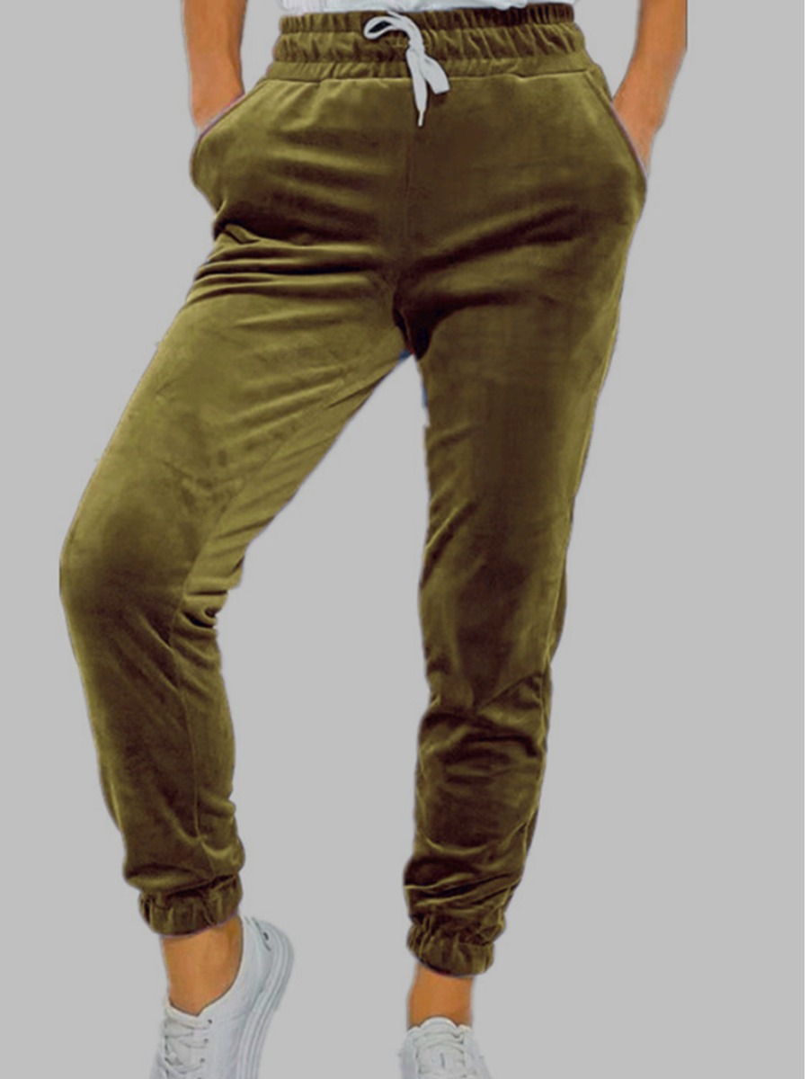 

LW Velvet Drawstring Pocket Design Pants, Army green