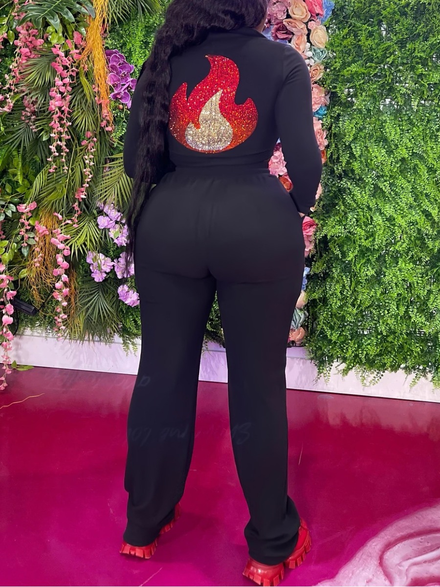 

LW Flame Decor Drawstring Tracksuit Set, Black