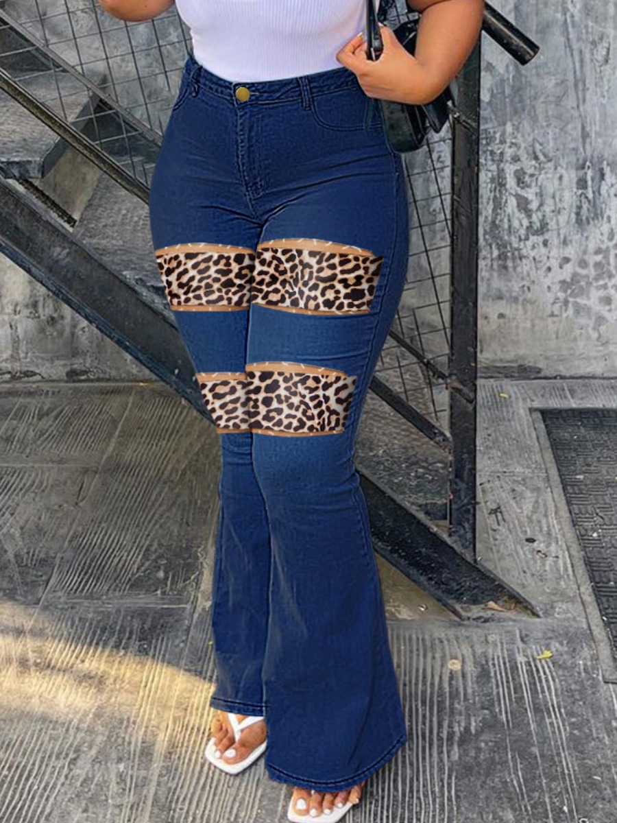 

LW Leopard Print Ripped Flared Jeans, Deep blue