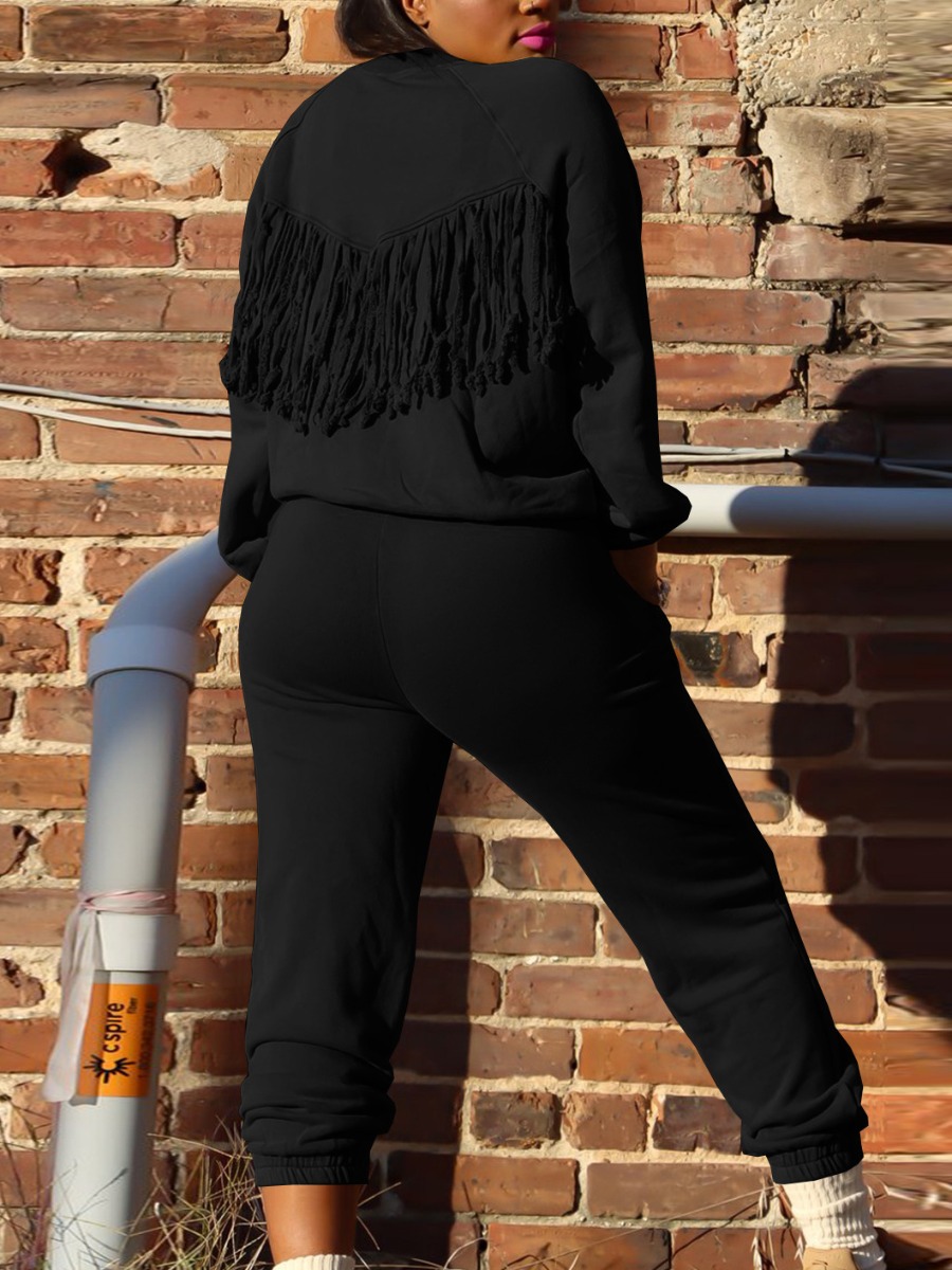 

LW Round Neck Tassel Design Pants Set, Black