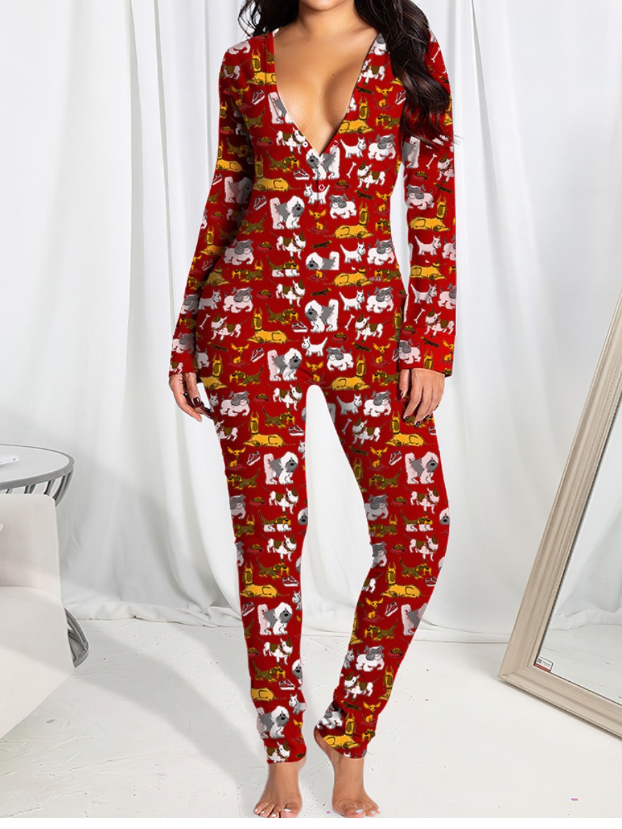 

LW Animal Print Butt Flap Skinny Jumpsuit, Red