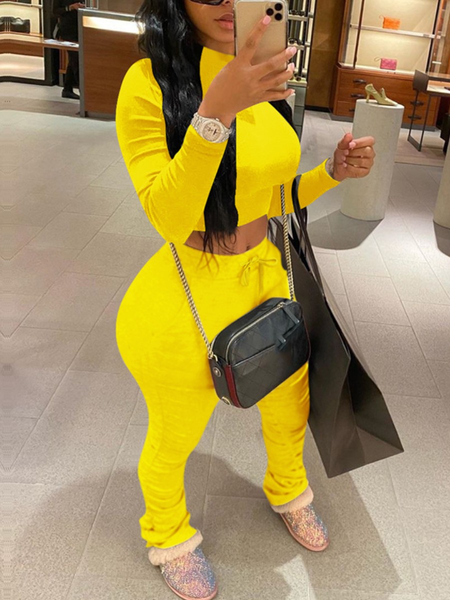 LW Round Neck Pocket Design Ruched Pants Set