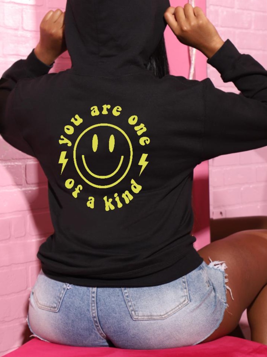 

LW Smiley Face Letter Print Oversize Hoodie, Black