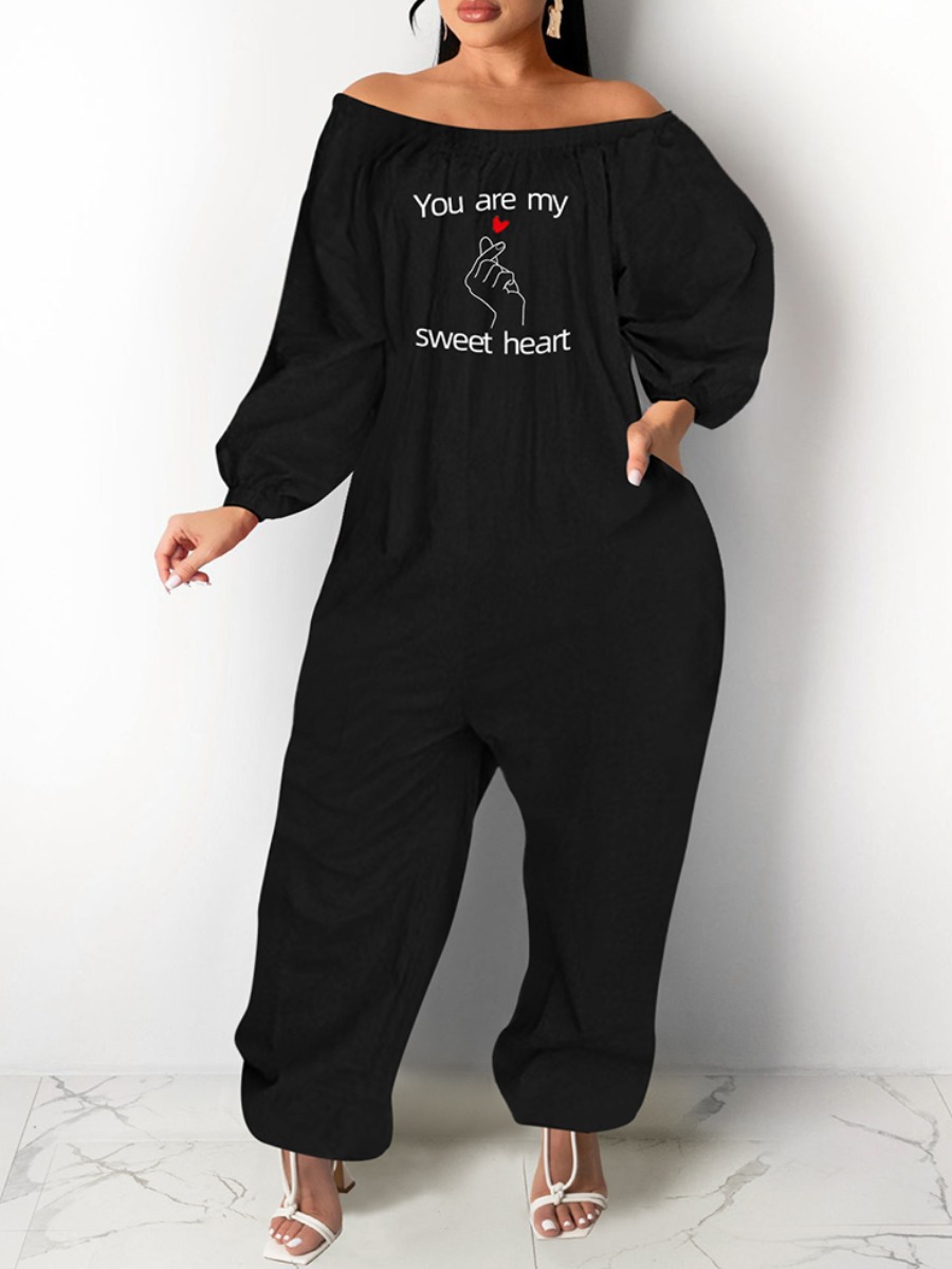 

LW Plus Size Zip Pocket Design Letter Print Jumpsuit, Black