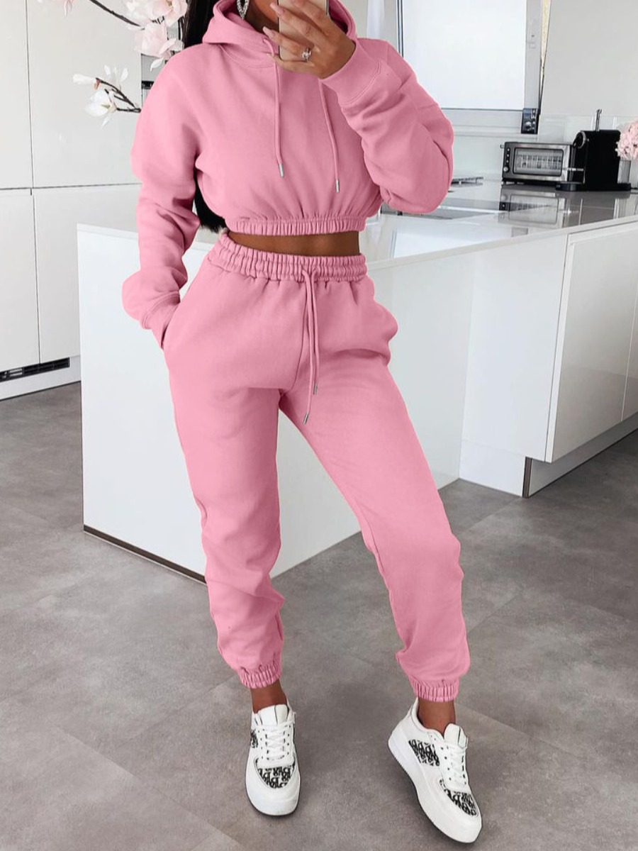 

LW BASICS Hooded Collar Drawstring Tracksuit Set, Pink