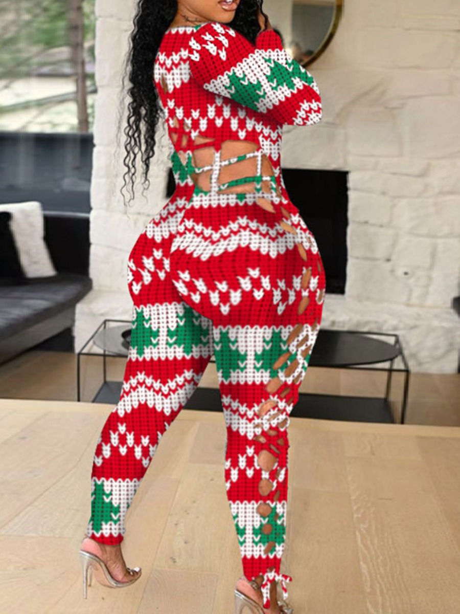 LW Plus Size Christmas Day Geometric Print Jumpsuit, Red stripe