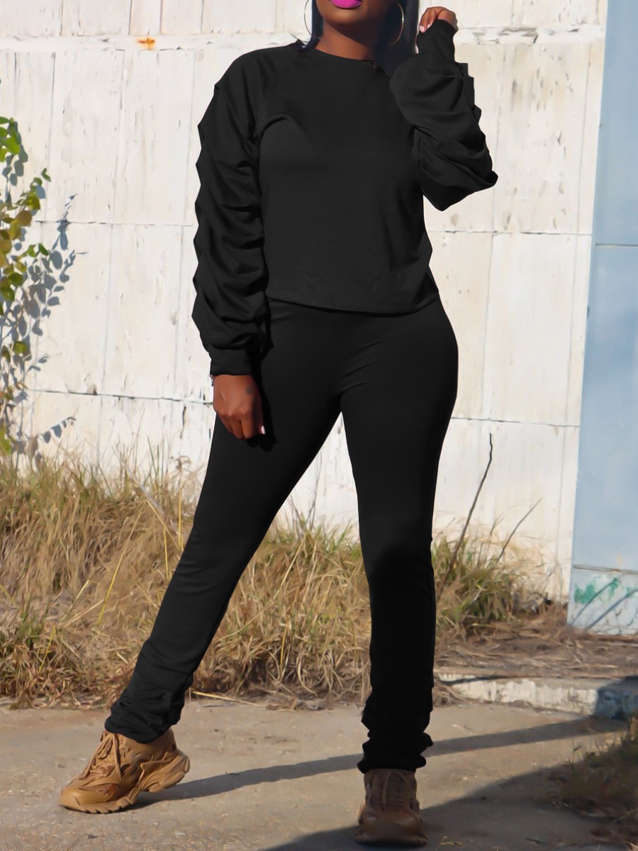 

LW Round Neck Fold Design Pants Set, Black