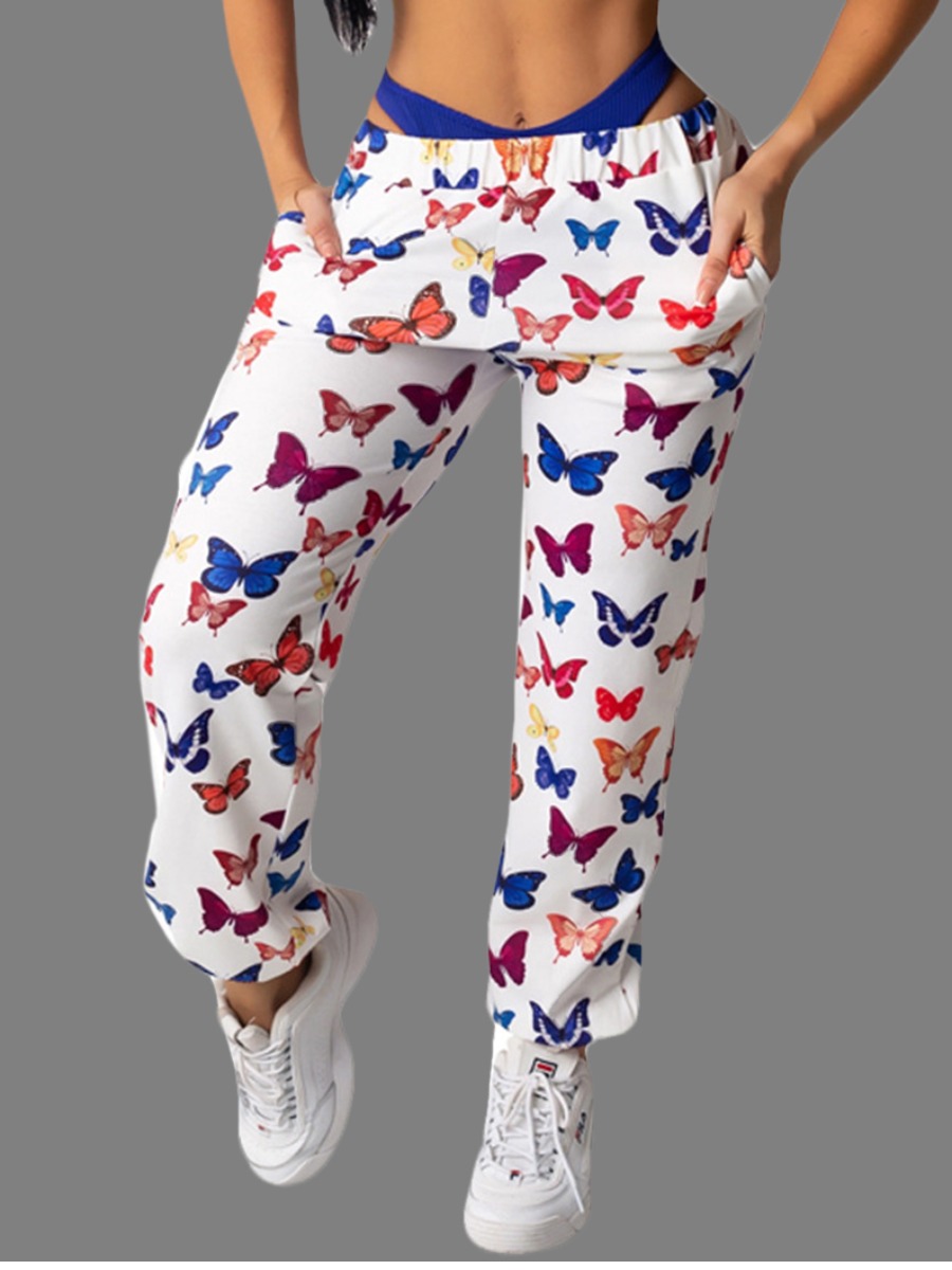 

LW Mid Waist Butterfly Print Pants, White