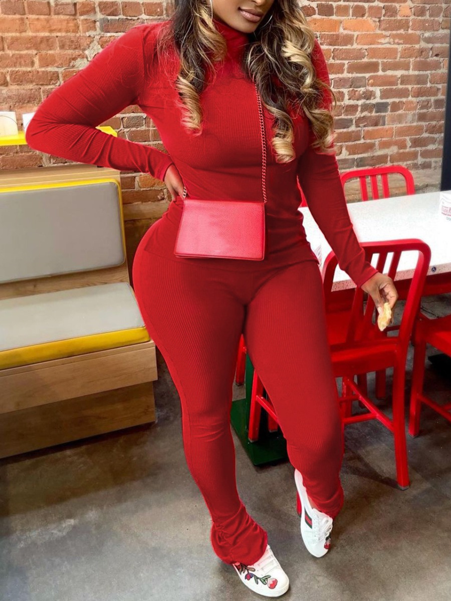

LW BASICS Rib-Knit Slit Pants Set, Red
