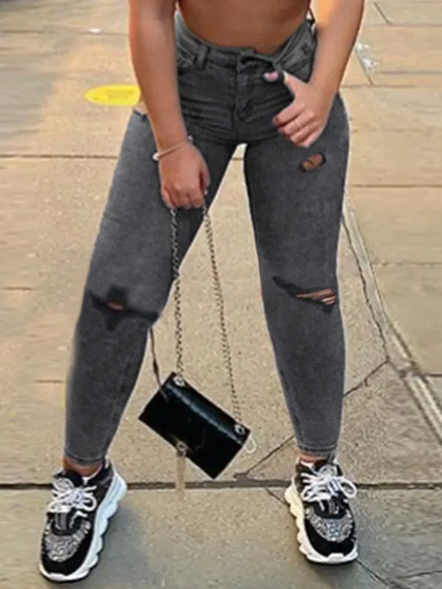 

LW Mid Waist Ripped Jeans, Grey