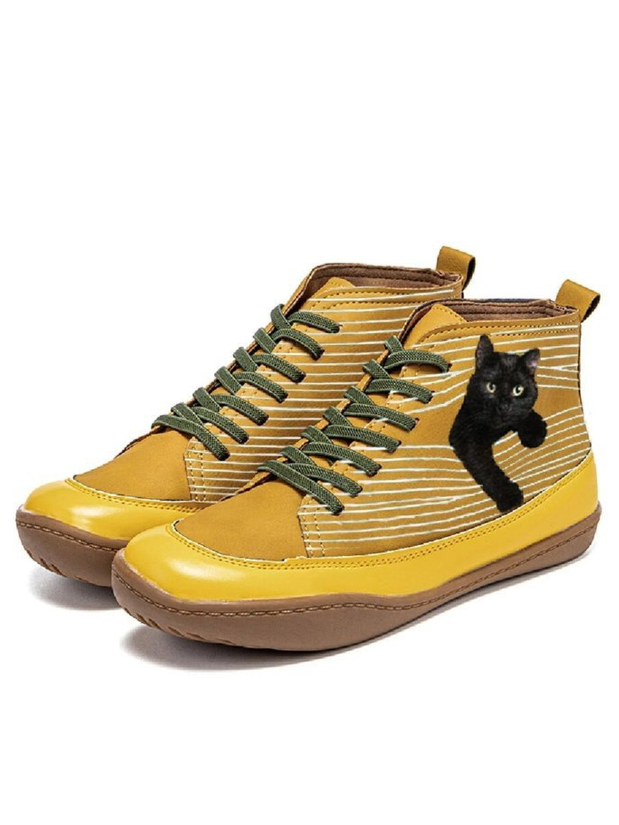 

LW Lace-up Cat Print Booties, Yellow