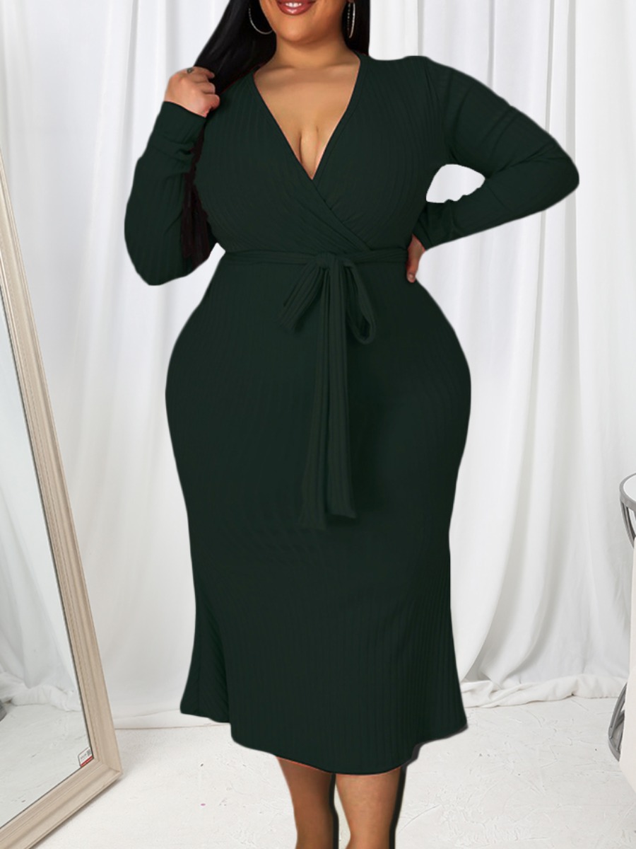 

LW Plus Size V Neck Bandage Design Dress, Black green