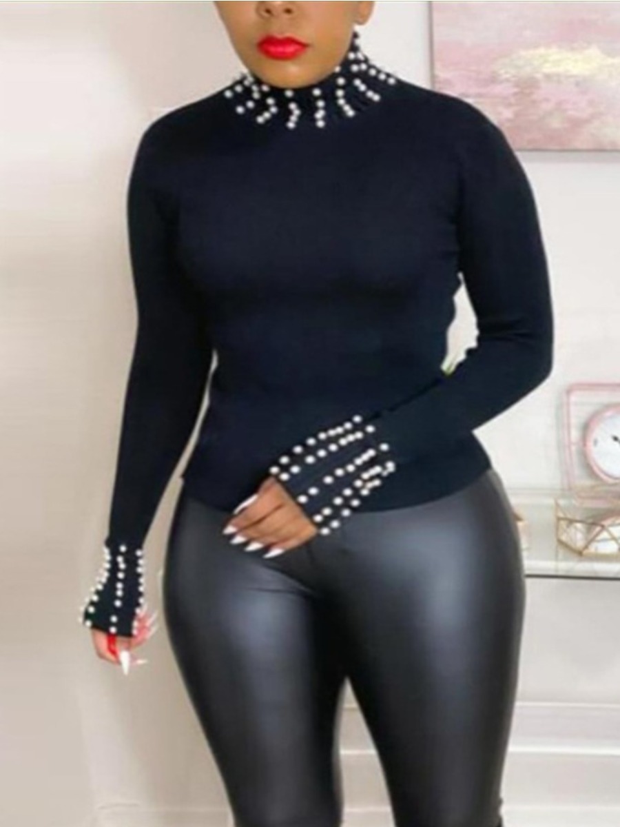 

LW Plus Size Turtleneck Pearl Embellished Basic T-shirt, Black