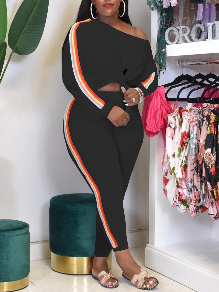 

LW Plus Size Round Neck Rainbow Stripe Pants Set, Black